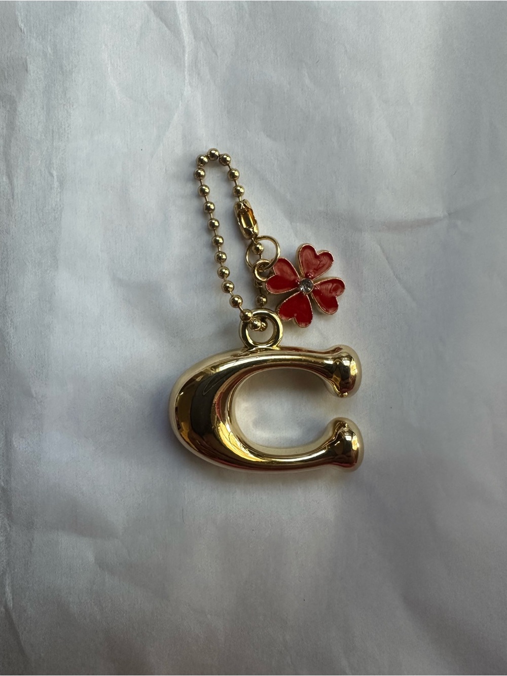 Coach Gold Letter C Keychain Charm with Red Flower Accent